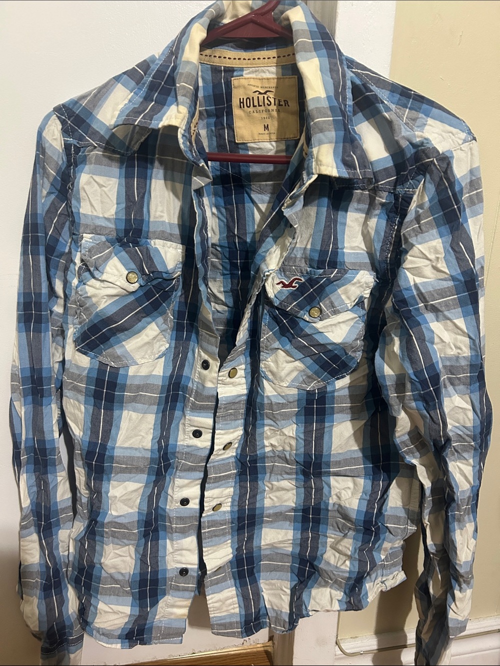 Hollister Men’s Blue and White Plaid Button-Down Shirt